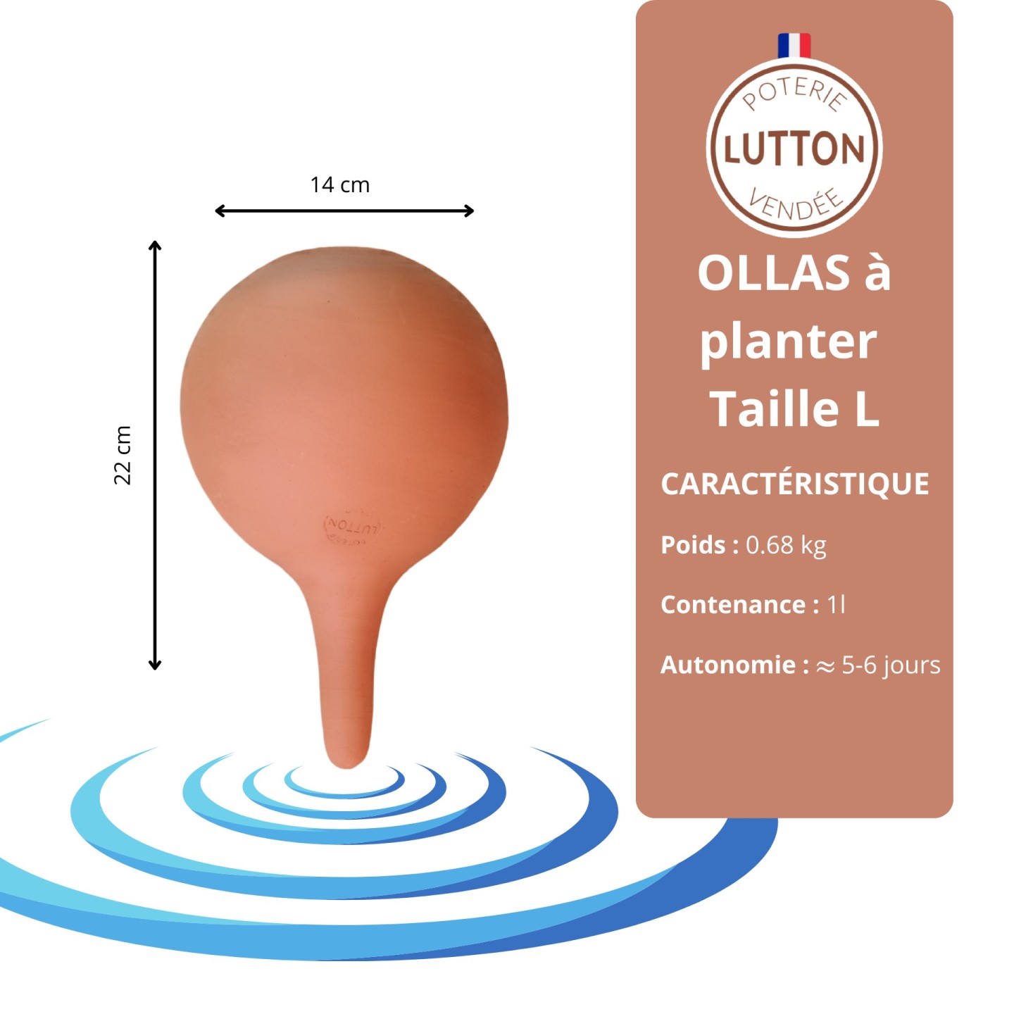 Ollas à Planter Large 1L Nature – Arrosage Autonome Écologique pour Plantes d'Intérieur | Poterie Lutton